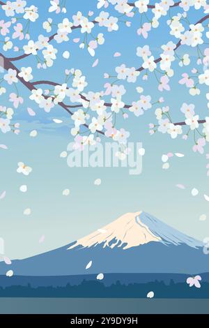 Bright morning landscape with blue sky. Branches of blooming white cherry trees on the background of Mount Fuji. Traditional Japanese Hanami Festival Stock Vector