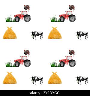 Cute farm animal and tractor. Hand drawn cow, haystack and red tractor on isolated white background. Country style clip art. Ideal for educational Stock Photo