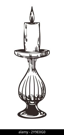 Vector hand drawn candle sketches. Illustration of burning wax in vintage candlestick. Home decor for holiday party. Vintage Thanksgiving or Christmas Stock Vector