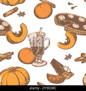 Seamless background for thanksgiving day. Vector pattern of traditional autumn dishes for Halloween. Mulled wine, pumpkins, orange, pumpkin pie with w Stock Vector