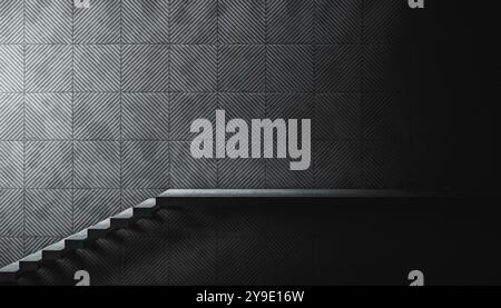 concrete staircase with platform textured wall  dark background 3d Stock Photo
