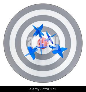 Five blue darts hitting the center of target  isolated white background Stock Photo