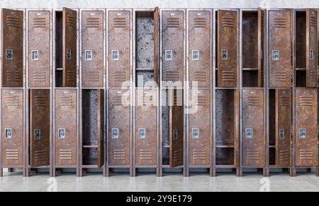 Row  old rusty lockers showing age deterioration. 3d background Stock Photo