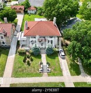 aerial view of house with red roof Stock Photo