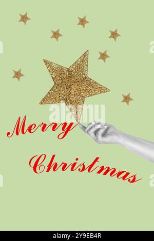 Christmas collage of a woman hand holding with her finger a golden star on a green background Stock Photo