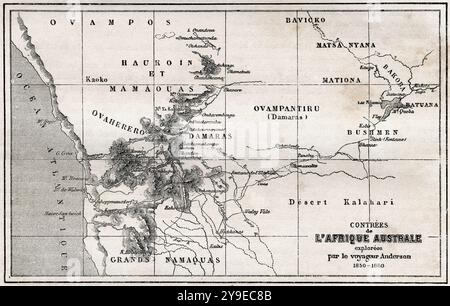 Map of South Africa, from Charles John Andersson's expedition to South Africa, 1850 - 1860.  From Le Tour du Monde, published Paris, 1860. Stock Photo