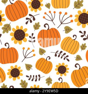 Autumn seamless pattern. Background with pumpkins, sunflowers and fall leaves.Thanksgiving day vector illustration. Stock Vector
