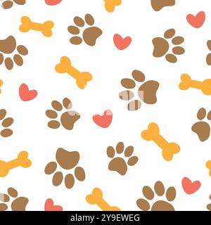 Cute seamless pattern with pets paws, bones and hearts. Vector illustration on white background. Stock Vector