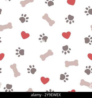 Cute seamless pattern with pets paws, bones and hearts. Vector illustration on white background. Stock Vector