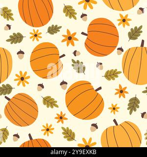 Pumpkin seamless pattern. Thanksgiving background. Autumn pattern with pumpkins, acorns, flowers and fall leaves. Vector illustration. Stock Vector