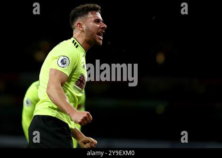 18th January 2020; Emirates Stadium, London, England; English Premier League Football, Arsenal versus Sheffield United; George Baldock celebrates the goal by John Fleck as he makes it 1-1 in the 83rd minute Stock Photo