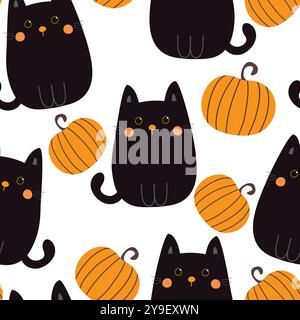 Halloween seamless pattern with black cats and pumpkins. Vector illustration on white background. Stock Vector