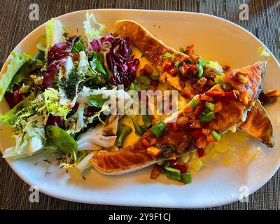 Grilled salmon loin with salad. Stock Photo