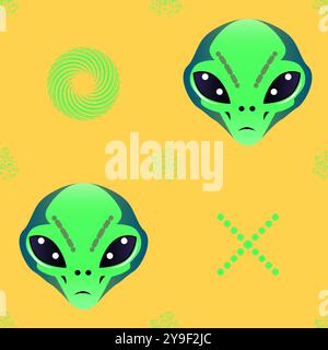 Trendy seamless pattern with alien head and mysterious green characters. Science fiction. Neon coloured bright smooth background. Suitable for wrappin Stock Vector