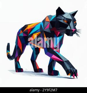 Black panther with colorful splashes of paint sneaks against a white background. Vector in Low Poly Art style. Stock Vector