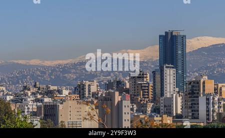 The Beirut panorama view in Lebanon, with the modern skyscrapers, Lebanese architecture and snow covered mountains. Stock Photo