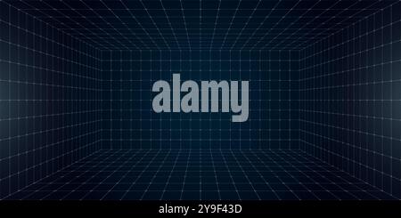 Futuristic perspective grid box featuring abstract wireframe design with white grid lines on dark background. 80s and 90s digital aesthetic. Captures virtual reality landscape in retro future style Stock Vector