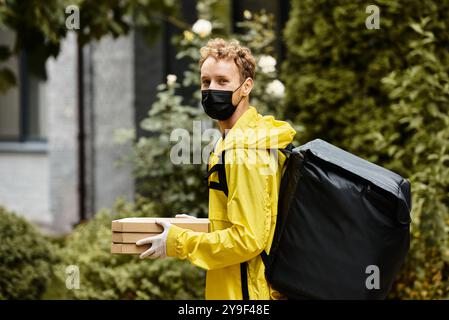 A delivery person in a black mask is bringing packages into an office building surrounded by greenery. Stock Photo
