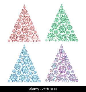 Set of colorful abstract Christmas trees. Decorative snowflakes in the shape of a Christmas tree. Stock Photo