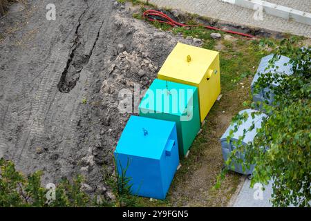 green and green and blue garbage can and ground view from above Stock Photo