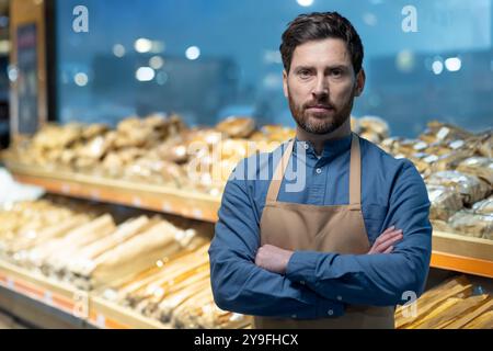 Confident bakery owner posing with arms crossed in modern bakery setting. Various breads displayed on shelves behind him. Professional and dedicated to quality, skill, and tradition. Stock Photo