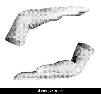 Hands, open flat palms set, holding something, space. Halftone style vector isolated on white background. Stock Vector