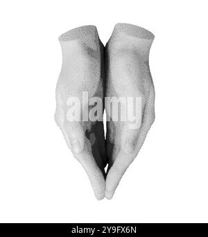 Keeping, caring with both hands, palms sign. Halftone old newspaper style vector isolated on white background. Stock Vector