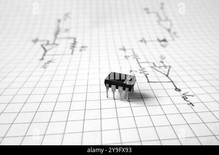Eight-legged integrated circuit standing on logic circuit drawings. Industrial or technological projects concept. Stock Photo