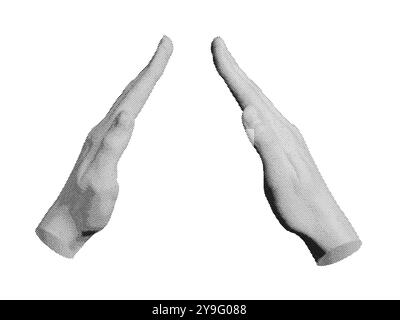 Two hands protecting gesture, caring sign, space between palms. Halftone style vector isolated on white background. Stock Vector