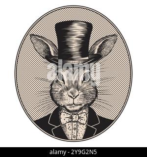 Portrait of a rabbit hare in a suit with a bow tie and a top hat on his head. Drawing stylized as a vintage engraving. Stock Vector