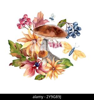 Watercolor colorful autumn composition with forest bolete, berries, flowers, and butterfly isolated. Floral illustration of fall leaves and chokeberry Stock Photo