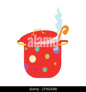 Saucepan. Open sauce pan with boiling soup. Metal steel pot on cooker. Cooking process in deep kitchenware. Flat vector illustration isolated on white Stock Vector