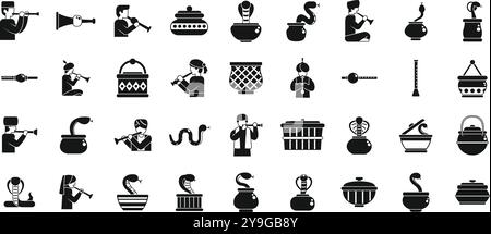 Snake charmer icons set. Snake charmers playing flute for cobra in basket, traditional indian culture show icons set simple style Stock Vector