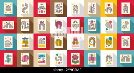 Zen arch icons set. Set of abstract geometric posters with colorful shapes and lines creating a modern and artistic look for wall decor Stock Vector