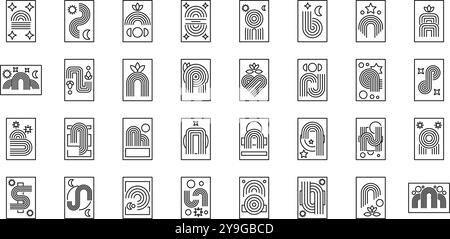 Zen arch icons set. Collection of trendy minimalist illustrations with simple lines and geometric shapes, ideal for wall art, posters, or social media content Stock Vector