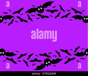bat vector seamless border on purple background. Halloween cartoon illustration Stock Vector