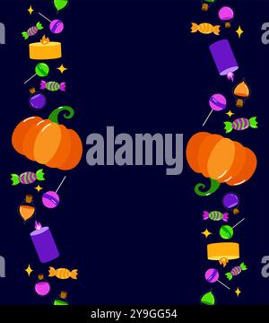 Halloween seamless vertical border with candies, lollypops, pumpkin, candles, potion. Dark background. Design for holiday designs, party, birthday, in Stock Vector