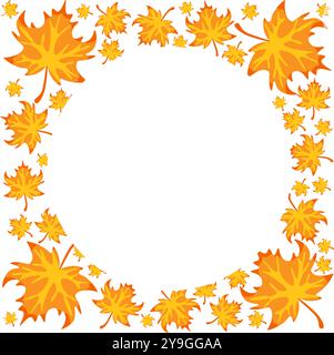 Background cartoon illustration of a simple and fashionable autumn colour leaves. round vector frame in square Stock Vector