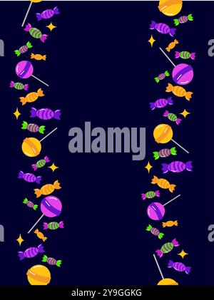 Vertical seamless border frame with candy and lollypops on a dark background. Happy Sweetest Day and halloween. Vector Template for posters, postcards Stock Vector