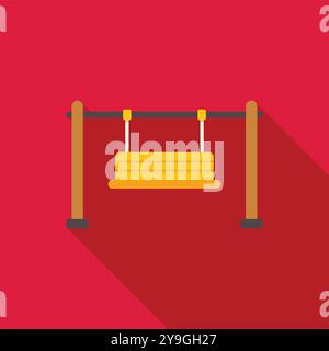 Empty wooden swing set hanging on red background with long shadow Stock Vector