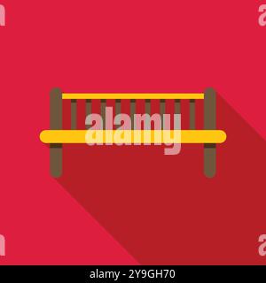 Yellow bench with wooden backrest casting long shadow on red background, in flat design style Stock Vector
