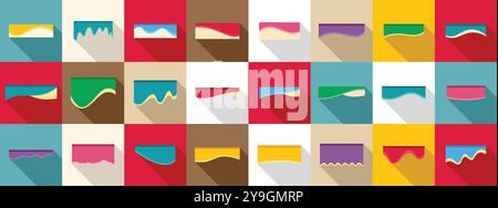 Separator header icons set. Colorful set of glaze icons in flat style, representing various types of icing dripping or spread on cakes and cookies Stock Vector