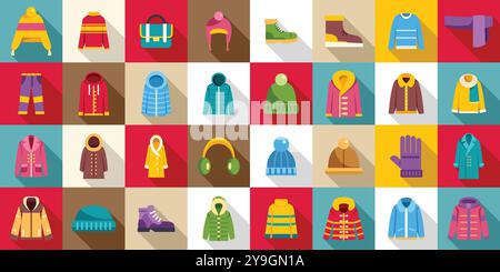 Wardrobe winter icons set. This set of winter clothes and accessories is perfect for illustrating cold weather Stock Vector