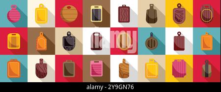 Chopping board icons set. Colorful set of cutting boards in flat style with long shadow for cooking design Stock Vector