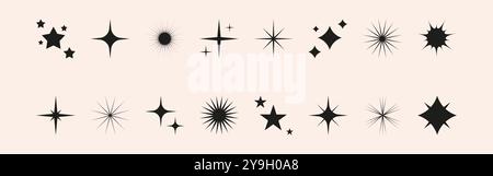 Set of shiny star, sparkle, sun shapes. Abstract vector glow, explosion and blink effects for celebrate party design. Twinkle glitter and flash graphi Stock Vector