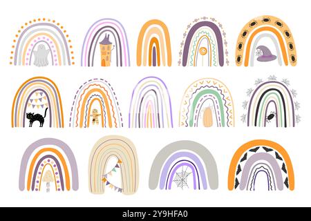 Halloween rainbow set abstract shape, simple hand drawn silhouette illustration in trendy pastel colors, minimalist concept perfect for celebration decor, cards, banners, posters, textile, papercraft Stock Vector