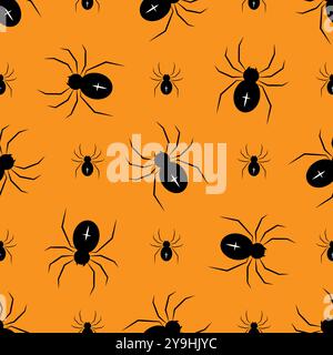Black spiders on a orange background. Halloween seamless pattern. For backdrop, wrapping paper, fabric, wallpaper. Vector illustration Stock Vector