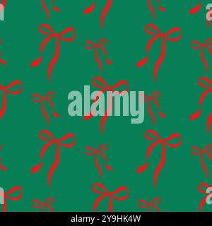 Seamless pattern with Christmas red bows on a green background. Cute print for textile, wallpaper, wrapping. Vector illustration Stock Vector