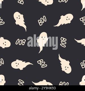 Seamless patterns with cute ghosts on black background. Simple spooky character. Festive background for Halloween. Boo.Vector illustration Stock Vector