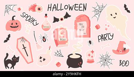 Halloween stickers set on pink background. Cute decor of magical elements in a simple naive style. For scrapbooking, greeting card, party invitation.V Stock Vector
